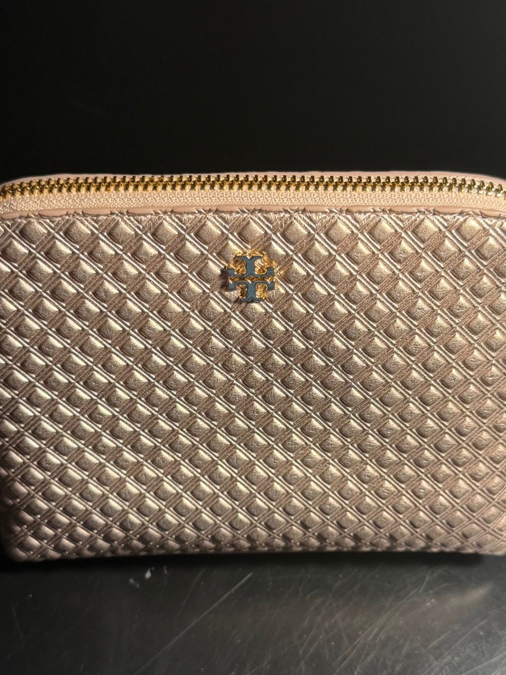NWOT Tory Burch Marion Embossed Rose Gold Metallic Cosmetic Case